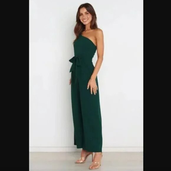 Petal & Pup Leyton Emerald Green One Shoulder Wide Leg Belted Jumpsuit 12 - Picture 4 of 11